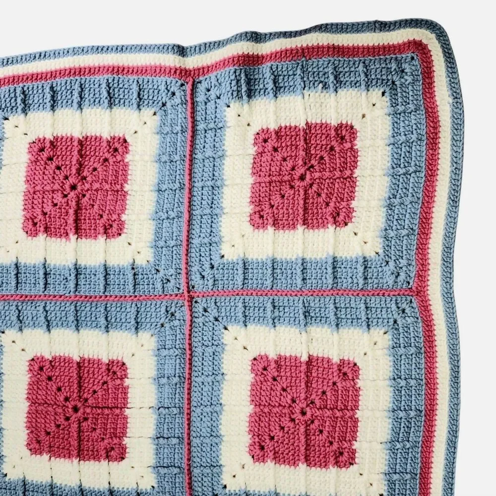Afghan Crotched Handmade Blue Pink White Size 74.75"L x 63"W Full or Double - Picture 2 of 5